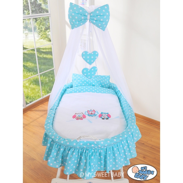 Berceau Bébé en Osier Complet à Ciel avec Textile Retombant Turquoise Hiboux