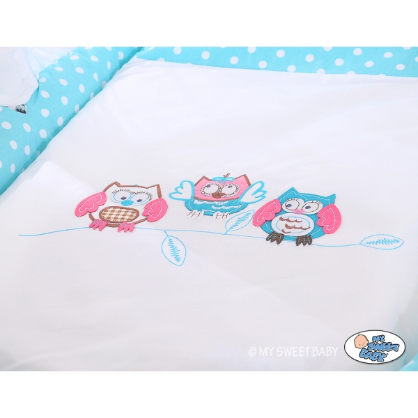 Berceau Bébé en Osier Complet à Ciel avec Textile Retombant Turquoise Hiboux
