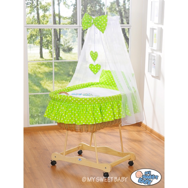 Berceau Bébé en Osier Complet à Ciel avec Textile Retombant Vert Hiboux