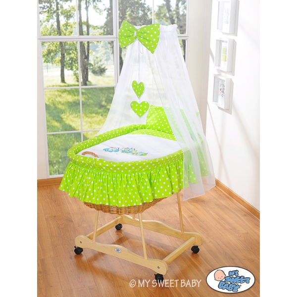 Berceau Bébé en Osier Complet à Ciel avec Textile Retombant Vert Hiboux
