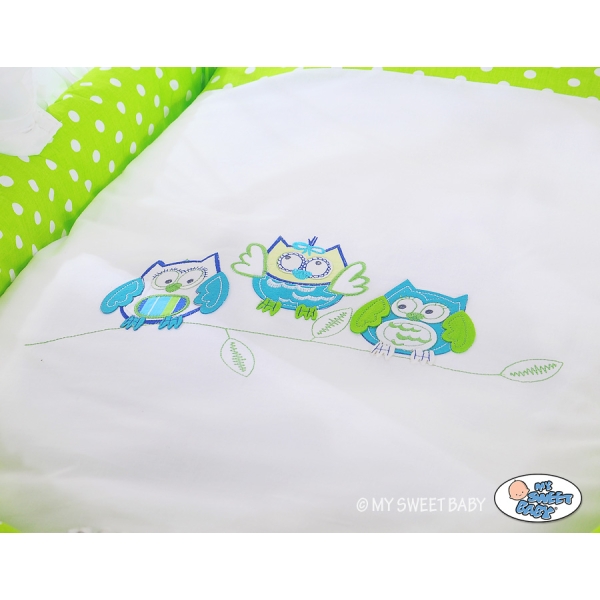 Berceau Bébé en Osier Complet à Ciel avec Textile Retombant Vert Hiboux