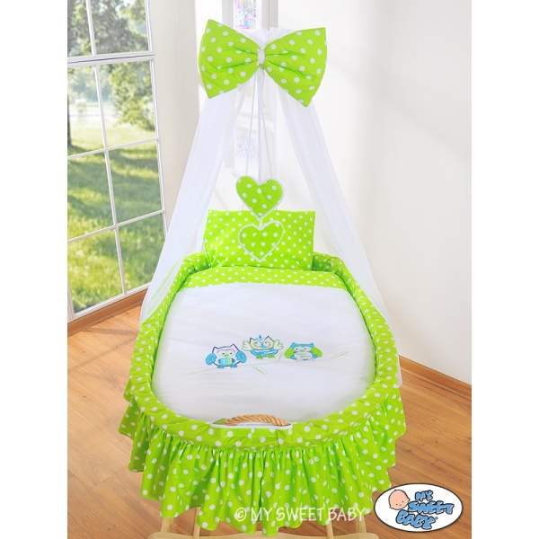Berceau Bébé en Osier Complet à Ciel avec Textile Retombant Vert Hiboux