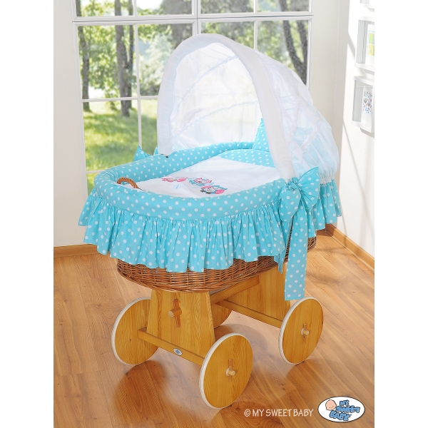 Berceau en Osier avec Capote - Turquoise Hiboux