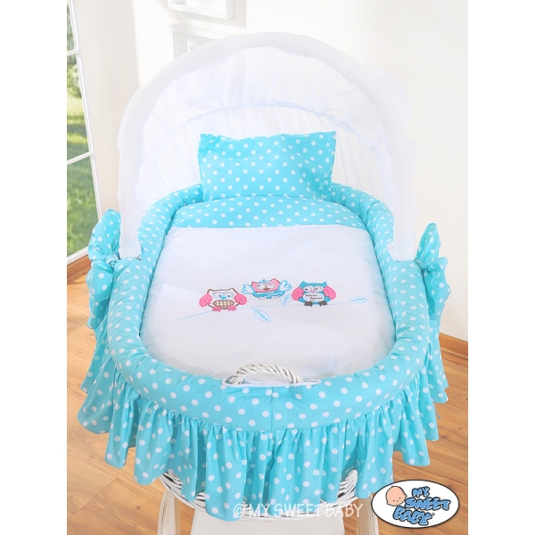 Berceau en Osier avec Capote - Turquoise Hiboux