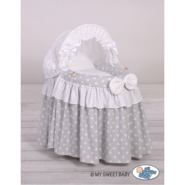 Berceau en Osier pour Poupées avec Capote Blanc Gris à Pois