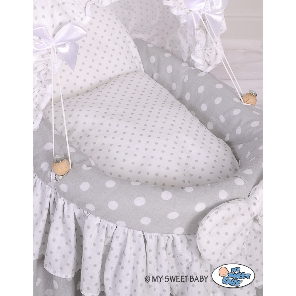 Berceau en Osier pour Poupées avec Capote Blanc Gris à Pois