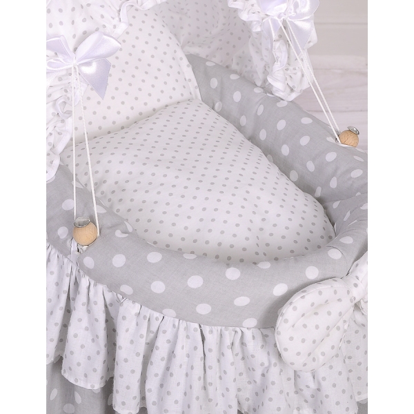 Berceau en Osier pour Poupées avec Capote Blanc Gris à Pois