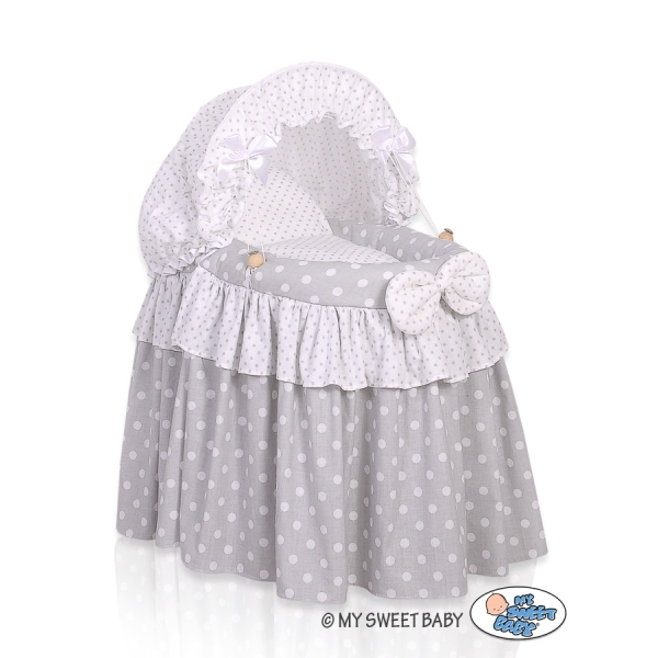 Berceau en Osier pour Poupées avec Capote Blanc Gris à Pois