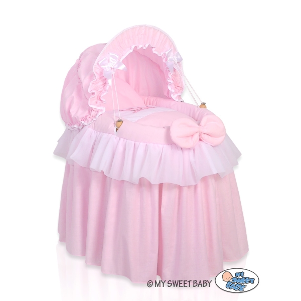 Berceau en Osier pour Poupées avec Capote Rose