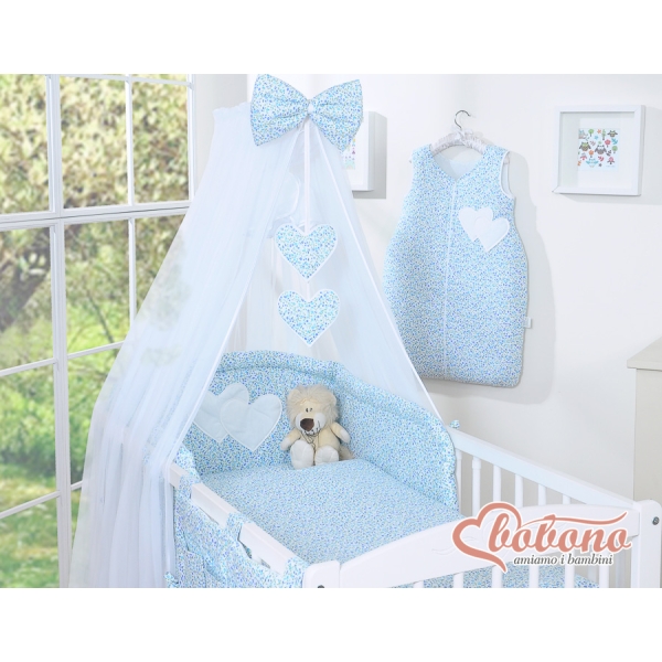 Ciel de Lit Bébé en Moustiquaire Grand Format Bleu Fleurs Cœurs