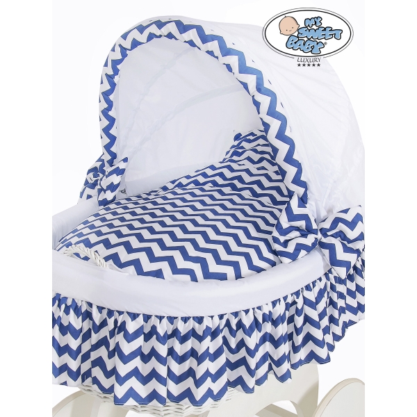 Berceau sur Roues en Osier Blanc avec Canopy Blanc Bleu Marine Hannah