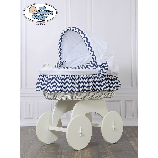 Berceau sur Roues en Osier Blanc avec Canopy Blanc Bleu Marine Hannah