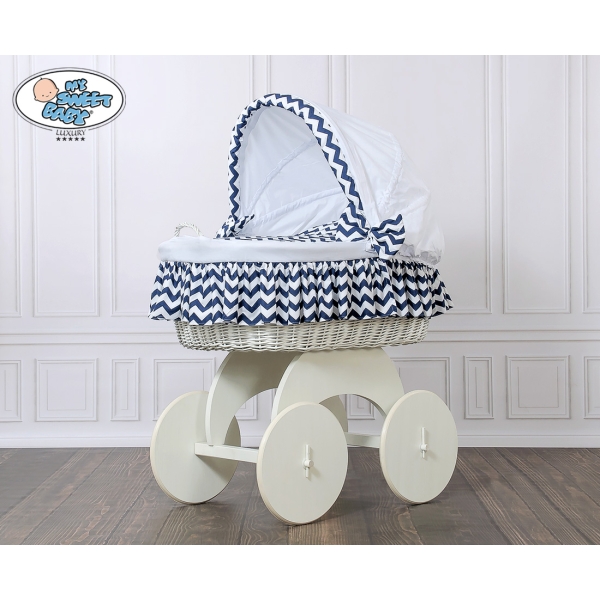 Berceau sur Roues en Osier Blanc avec Canopy Blanc Bleu Marine Hannah
