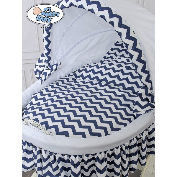 Berceau sur Roues en Osier Blanc avec Canopy Blanc Bleu Marine Hannah