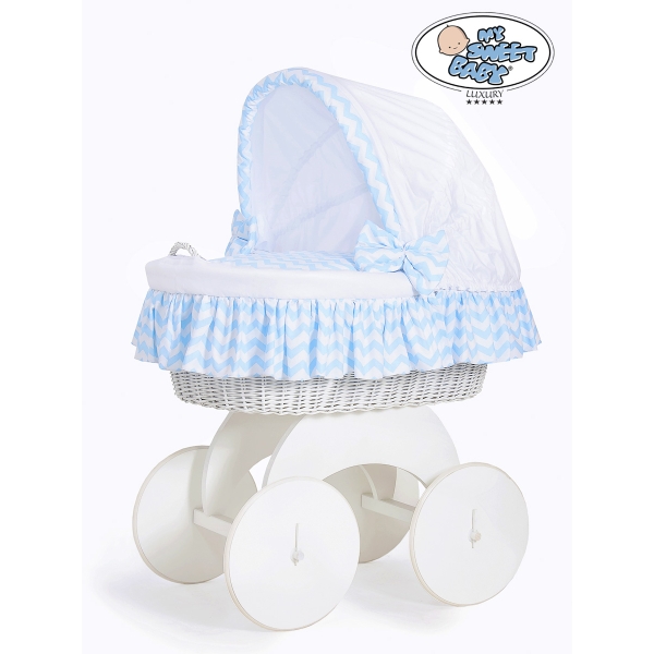 Couffin sur Roues en Osier Blanc Zigzag Blanc Bleu Hannah