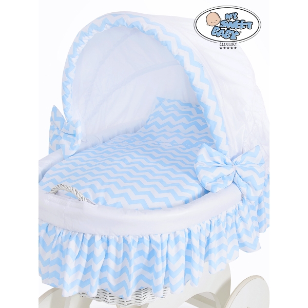 Couffin sur Roues en Osier Blanc Zigzag Blanc Bleu Hannah