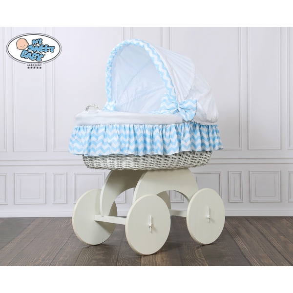 Couffin sur Roues en Osier Blanc Zigzag Blanc Bleu Hannah