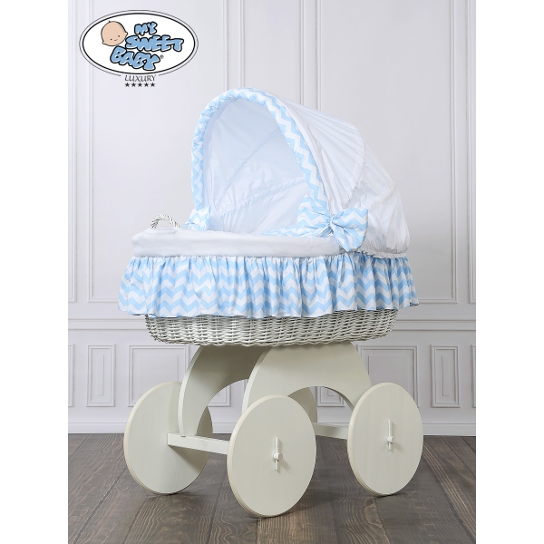 Couffin sur Roues en Osier Blanc Zigzag Blanc Bleu Hannah