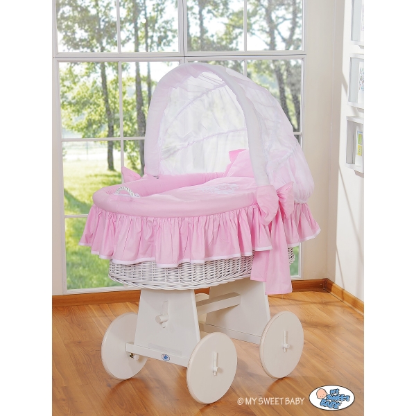 Couffins en Osier avec Capote  Rose Blanc Glamour