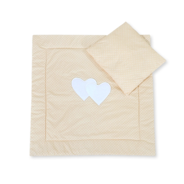 Coussin et Couverture pour Landau Bébé Beige à Pois Cœurs