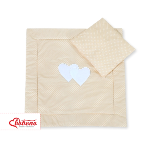 Coussin et Couverture pour Landau Bébé Beige à Pois Cœurs