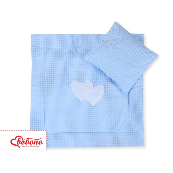 Coussin et Couverture pour Landau Bébé Bleu à Carreaux Cœurs