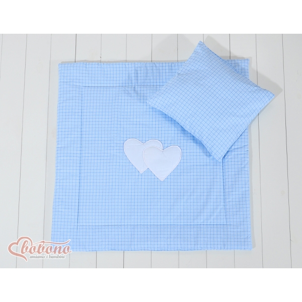 Coussin et Couverture pour Landau Bébé Bleu à Carreaux Cœurs