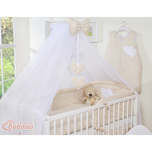 Ensemble de Linge de Lit 5 pcs avec Moustiquaire Beige à Pois Cœurs