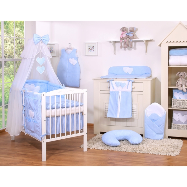 Ensemble de Linge de Lit 5 pcs avec Moustiquaire Bleu à Pois Cœurs