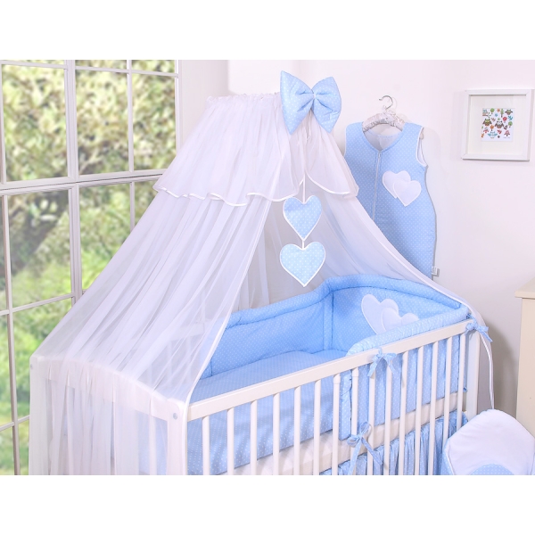 Ensemble de Linge de Lit 5 pcs avec Moustiquaire Bleu à Pois Cœurs
