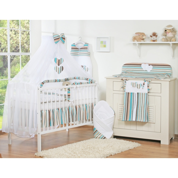 Ensemble de Linge de Lit 5 pcs avec Moustiquaire Brun Rayures Cœurs