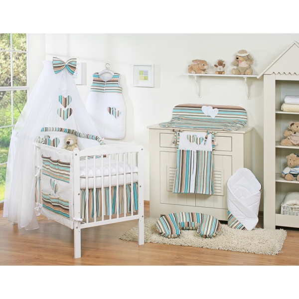 Ensemble de Linge de Lit 5 pcs avec Moustiquaire Brun Rayures Cœurs