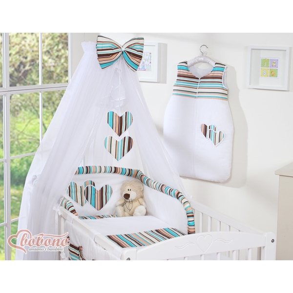 Ensemble de Linge de Lit 5 pcs avec Moustiquaire Brun Rayures Cœurs