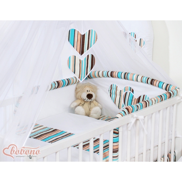 Ensemble de Linge de Lit 5 pcs avec Moustiquaire Brun Rayures Cœurs