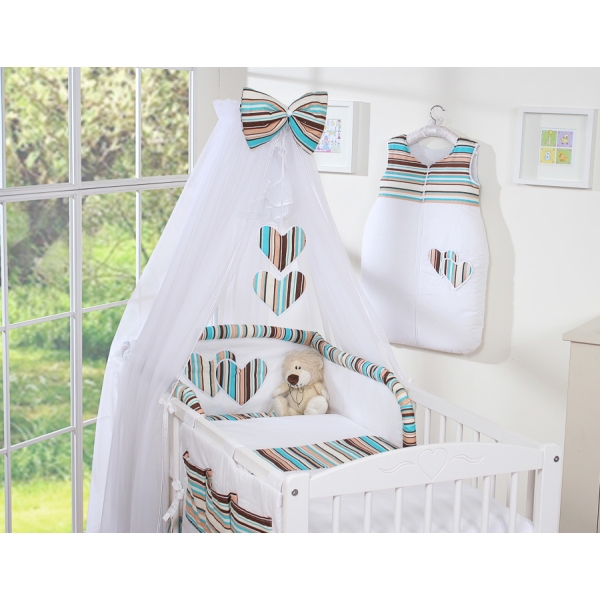 Ensemble de Linge de Lit 5 pcs avec Moustiquaire Brun Rayures Cœurs