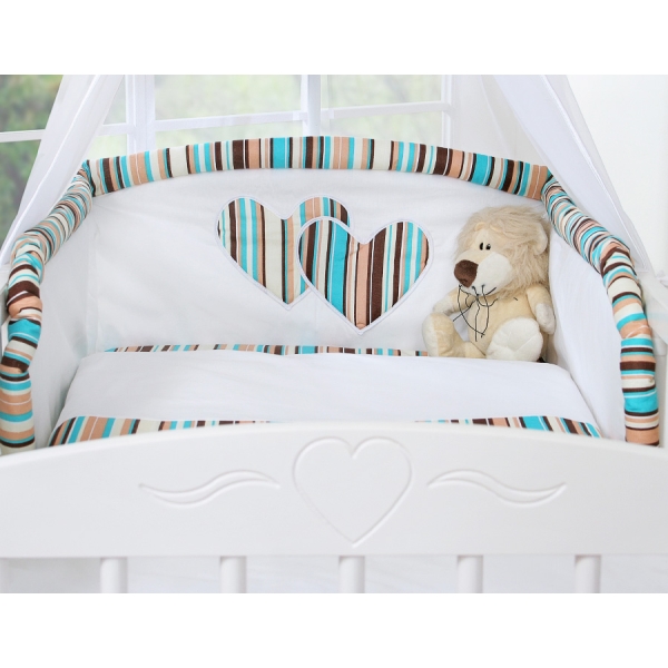 Ensemble de Linge de Lit 5 pcs avec Moustiquaire Brun Rayures Cœurs