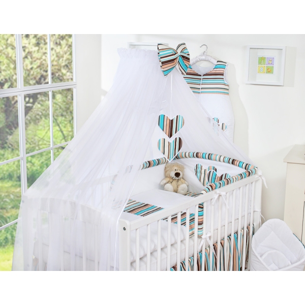 Ensemble de Linge de Lit 5 pcs avec Moustiquaire Brun Rayures Cœurs