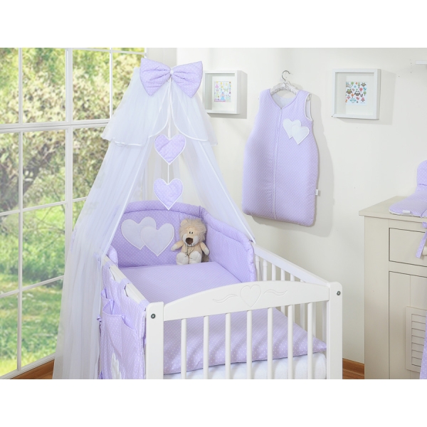 Ensemble de Linge de Lit 5 pcs avec Moustiquaire Lila à Pois Cœurs
