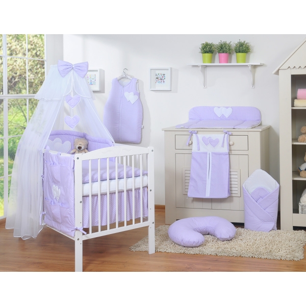 Ensemble de Linge de Lit 5 pcs avec Moustiquaire Lila à Pois Cœurs
