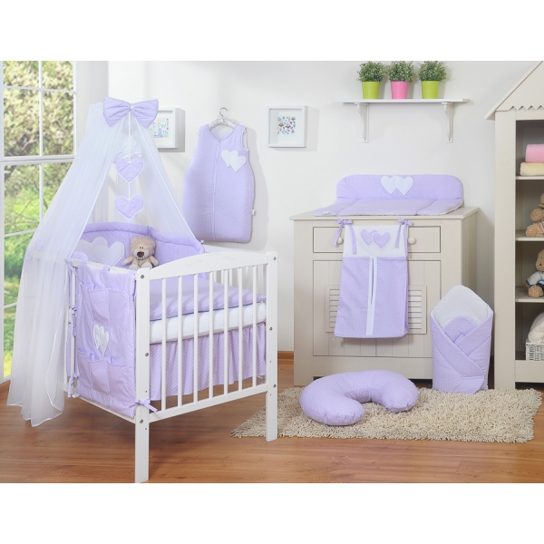 Ensemble de Linge de Lit 5 pcs avec Moustiquaire Lila à Pois Cœurs