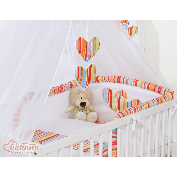 Ensemble de Linge de Lit 5 pcs avec Moustiquaire Orange Rayures Cœurs