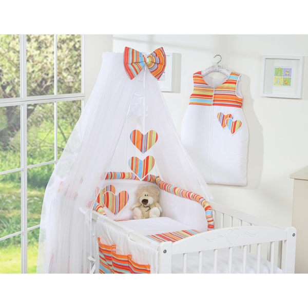 Ensemble de Linge de Lit 5 pcs avec Moustiquaire Orange Rayures Cœurs