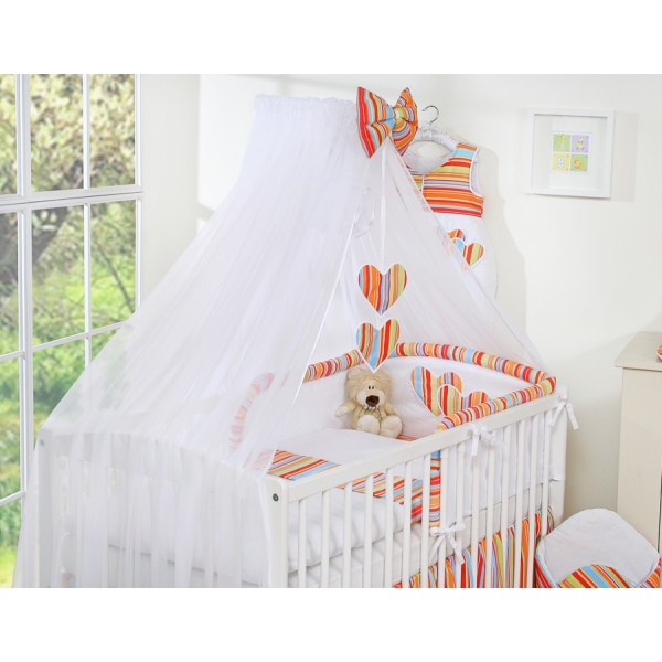 Ensemble de Linge de Lit 5 pcs avec Moustiquaire Orange Rayures Cœurs