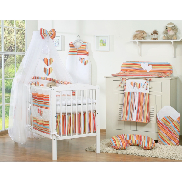 Ensemble de Linge de Lit 5 pcs avec Moustiquaire Orange Rayures Cœurs