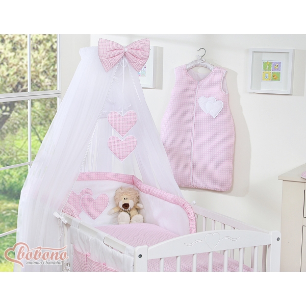 Ensemble de Linge de Lit 5 pcs avec Moustiquaire Rose à Carreaux Cœurs