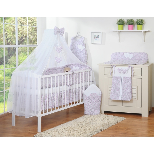 Ensemble de Linge de Lit 5 pcs avec Moustiquaire Rose Fleurs Cœurs