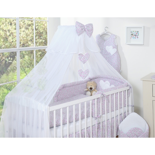 Ensemble de Linge de Lit 5 pcs avec Moustiquaire Rose Fleurs Cœurs