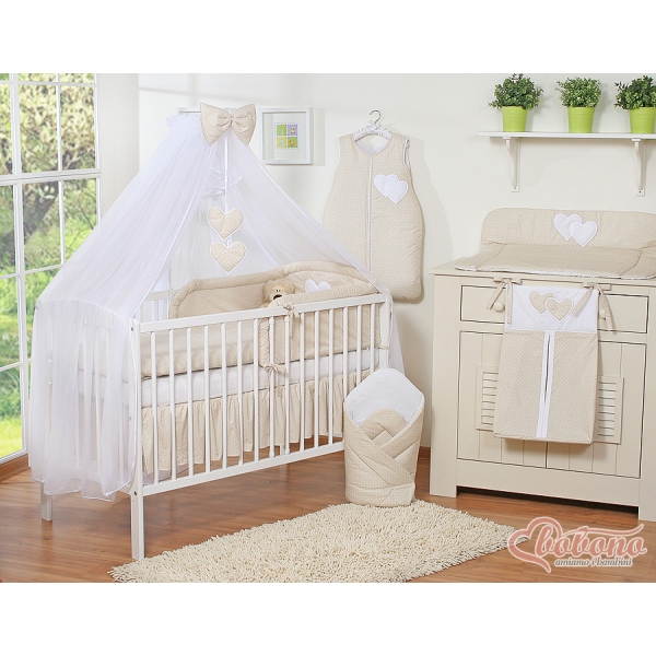 Ensemble de Linge de Lit Bébé  11 pcs  Moustiquaire Beige à Pois Cœurs