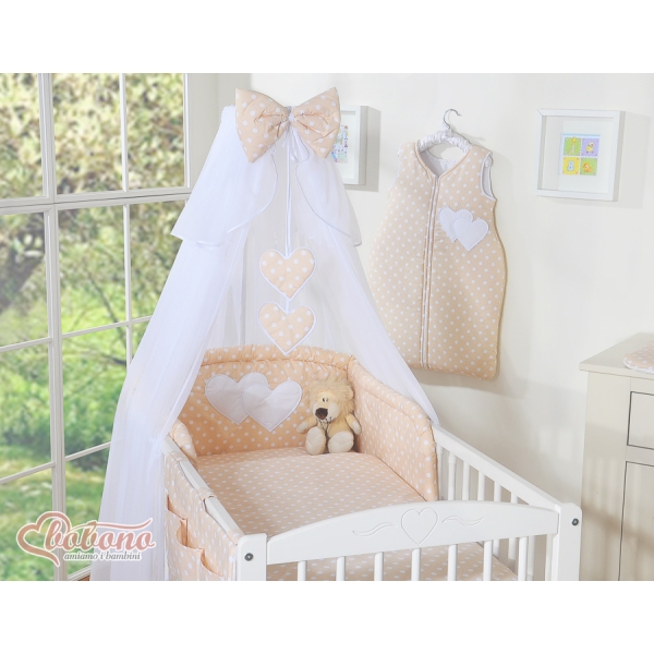 Ensemble de Linge de Lit Bébé 11 pcs  Moustiquaire Beige à Pois Cœurs