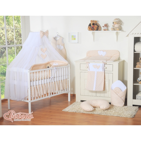Ensemble de Linge de Lit Bébé 11 pcs  Moustiquaire Beige à Pois Cœurs
